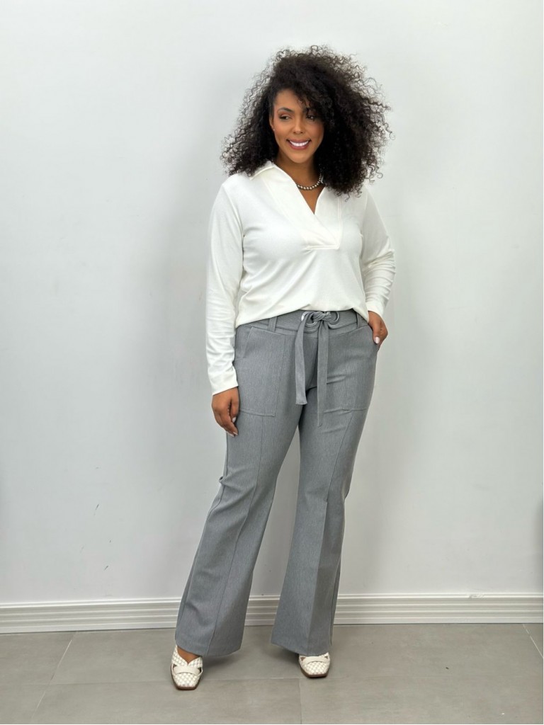 CALÇA TULIPA C/ ILHÓS Malha Encorpada cinza mescla