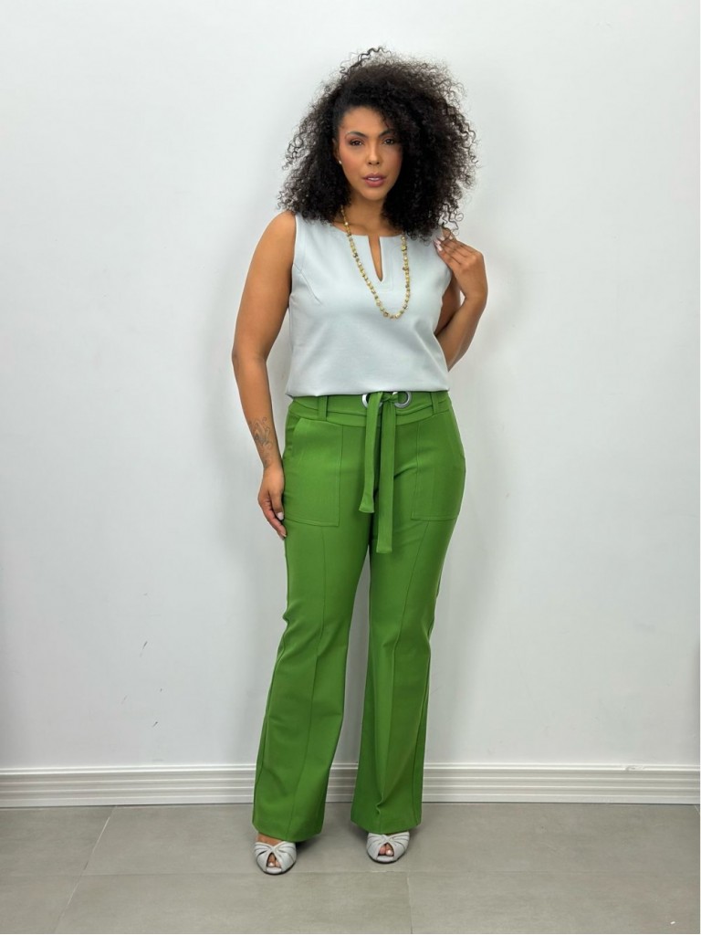 CALÇA TULIPA C/ ILHÓS Malha Encorpada VERDE FOLHA