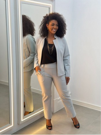 Calça Botão Madre Pérola Malha Encorpada prata