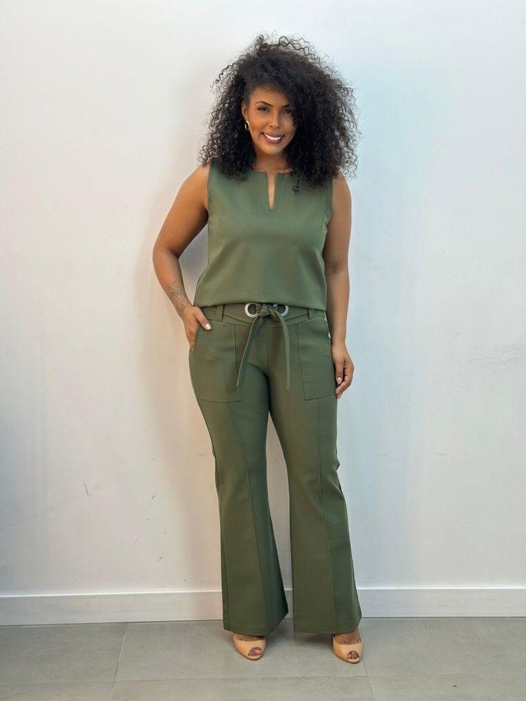CALÇA TULIPA C/ ILHÓS Malha Encorpada VERDE militar
