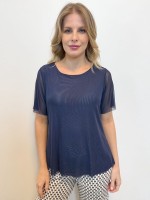 BLUSA ROSA EM TULE MARINHO