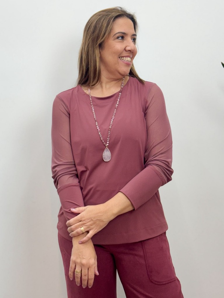 BLUSA FEFÊ FLUITY C/ TULE ROSA ANTIGO