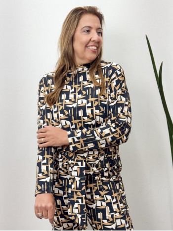 BLUSA IRANI MANGA LONGA fluity geométrica c/caramelo