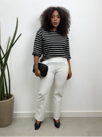 Calça Bella Malha Encorpada off-white c/ pesponto preto