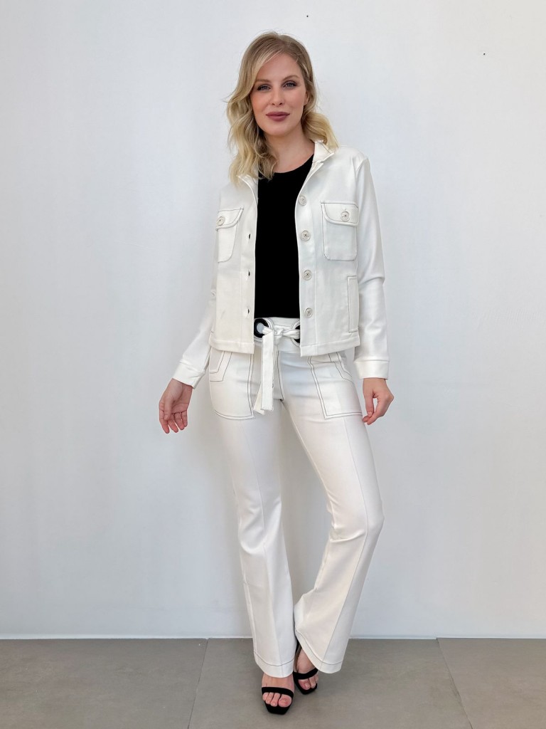 CALÇA TULIPA C/ ILHÓS Malha Encorpada OFF-WHITE c/ pesponto PRETO