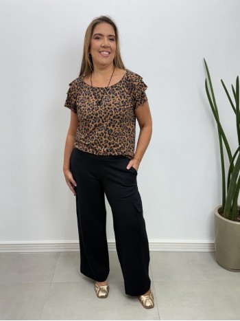 Calça pantalona Helena Malha levemente Encorpada preta