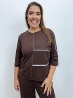 CONJUNTO moletinho c/ pesponto e friso marrom café
