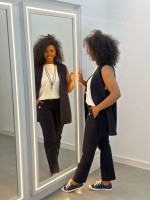 Calça Botão Madre Pérola Malha Encorpada marinho